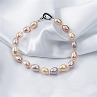 Braccialetto perla coltivata d'acqua dolce, perla d'acquadolce coltivata naturalmente, ottone Foldover fibbia, Riso, naturale, multi-colore, 7-8mm, Venduto per Appross. 7.5 pollice filo