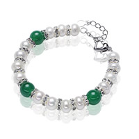 Freshwater Cultured Pearl Bracelet Freshwater Pearl with Green Agate & Brass with 5cm extender chain Button Shape silver color plated natural & with rhinestone white 9mm Sold Per Approx 7.5 Inch Strand