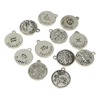 Tibetan Style Flat Round Pendants, antique silver color plated, Zodiac symbols jewelry & different designs for choice, nickel, lead & cadmium free, 17x20x2mm, Hole:Approx 2mm, 2/Bag, Sold By Bag