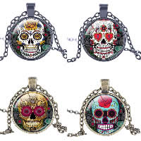 Time Gem Jewelry Necklace, Tibetan Style, with Paper & Glass, Flat Round, plated, with skull pattern & oval chain & different designs for choice, nickel, lead & cadmium free, 28x36mm, Length:Approx 23.5 Inch, 10Strands/Lot, Sold By Lot
