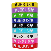 Silicone Bracelets, word Jesus, printing, with heart pattern & different size for choice, mixed colors, 100Strands/Bag, Sold By Bag