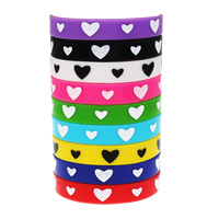 Bracelets en silicone, impression, avec le motif de coeur, couleurs mélangées, 12mm, Longueur:Environ 6.5 pouce, 10Strandstoron/sac, Vendu par sac
