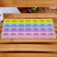 Boîte à pilules, plastique, rectangle, 28 cellules & transparent, multicolore, 210x120x20mm, Vendu par PC