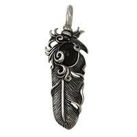 Stainless Steel Pendants, 316L Stainless Steel, with Black Agate, Feather, natural, blacken, 22.50x65x8mm, Hole:Approx 5.5x7mm, 5PCs/Lot, Sold By Lot