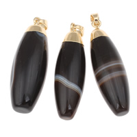 Lace Agate Pendants, with brass bail, Oval, gold color plated, natural, deep coffee color, 13x45mm, Hole:Approx 5x6mm, 10PCs/Bag, Sold By Bag