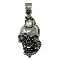 Stainless Steel Skull Pendants, 316L Stainless Steel, Halloween Jewelry Gift & with cubic zirconia & blacken, 20x47.50x24mm, Hole:Approx 8x11mm, 5PCs/Lot, Sold By Lot
