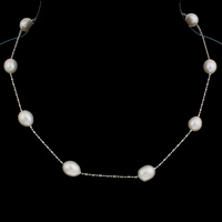 Freshwater Pearl Brass Necklace, with Brass, Oval, natural, white, 9-10mm, Sold Per 19.5 Inch Strand
