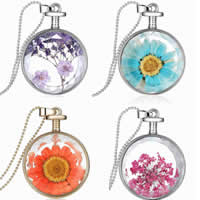 Floating Locket Necklace, Tibetan Style, with Dried Flower & iron chain & Glass, Flat Round, plated, ball chain & faceted, more colors for choice, nickel, lead & cadmium free, 33x33x14.50mm, Length:Approx 23.5 Inch, 3Strands/Bag, Sold By Bag