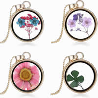 Floating Locket Necklace, Tibetan Style, with Dried Flower & iron chain & Glass, Flat Round, plated, ball chain, more colors for choice, nickel, lead & cadmium free, 28mm, Length:Approx 23.5 Inch, 3Strands/Bag, Sold By Bag