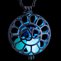 Luminated Necklace, Tibetan Style, with Fluorescent Powder Stone & iron chain, Flat Round, platinum color plated, rope chain & hollow, nickel, lead & cadmium free, 33x41mm, Length:Approx 24 Inch, 3Strands/Bag, Sold By Bag