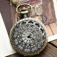Pocket Watch, Tibetan Style, with iron chain & Glass, Flat Round, antique bronze color plated, twist oval chain & hollow, nickel, lead & cadmium free, 46mm, Sold Per Approx 30 Inch Strand