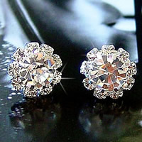 Rhinestone Earring Zinc Alloy with plastic earnut stainless steel post pin Flower platinum color plated with rhinestone nickel lead & cadmium free 12mm Sold By Pair