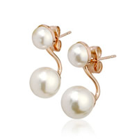 Zinklegierung Doppelt-Perlen -Band-Bolzen -Ohrring, mit ABS-Kunststoff-Perlen, Edelstahl Stecker, rund, Rósegold-Farbe plattiert, frei von Nickel, Blei & Kadmium, 10x23mm, verkauft von Paar