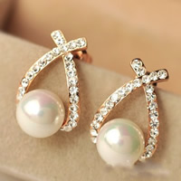 Zinc Alloy Stud Earring with ABS Plastic Pearl stainless steel post pin gold color plated with rhinestone nickel lead & cadmium free Sold By Pair