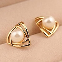 Zinc Alloy Stud Earring with ABS Plastic Pearl stainless steel post pin Triangle gold color plated nickel lead & cadmium free 10mm Sold By Pair