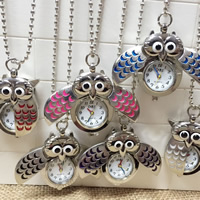 Fashion Watch Necklace, Tibetan Style, with iron chain & Glass, Owl, platinum color plated, ball chain & enamel, mixed colors, nickel, lead & cadmium free, 25x35mm, Sold Per Approx 24 Inch Strand