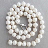 Naturlige ferskvands perle halskæde, Ferskvandsperle, messing karabinlås, Kartoffel, hvid, 9-10mm, Solgt Per Ca. 18 inch Strand