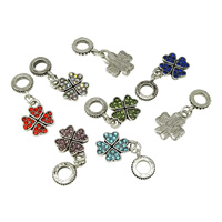 European Style Tibetan Style Dangle Beads, Four Leaf Clover, silver color plated, without troll & with rhinestone & blacken, more colors for choice, nickel, lead & cadmium free, 12x15x2mm, 2.5x12x9mm, Hole:Approx 5mm, 150PCs/Lot, Sold By Lot