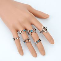 Tibetan Style Ring Set, with Resin, with 5cm extender chain, antique silver color plated, nickel, lead & cadmium free, 1.5-1.8cm, US Ring Size:4-8, 6PCs/Set, Sold By Set