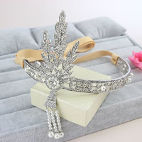 Bridal Tiaras Zinc Alloy with ABS Plastic Pearl & Satin Ribbon Flower platinum color plated for bridal & with rhinestone Length Approx 6 Inch Sold By Bag