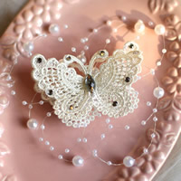 Lace, with ABS Plastic Pearl & Crystal Thread & Iron, Butterfly, for bridal & with rhinestone, white, 11x9cm, 3PCs/Bag, Sold By Bag
