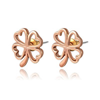 Tibetan Style Stud Earring, stainless steel post pin, Four Leaf Clover, rose gold color plated, nickel, lead & cadmium free, 1.3x1.4cm, Sold By Pair
