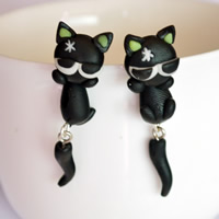 Polymer Clay Split Earring, stainless steel post pin, Cat, handmade, 45mm, Sold By Pair