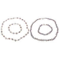 Natural Cultured Freshwater Pearl Jewelry Sets bracelet & necklace brass clasp Baroque 7-8mm Length Approx 7.5 Inch Approx 17 Inch Sold By Set