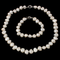 Natural Cultured Freshwater Pearl Jewelry Sets, bracelet & necklace, brass clasp, Baroque, different styles for choice, white, 11-12mm, Length:Approx 7.5 Inch, Approx 17 Inch, Sold By Set