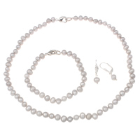 Natural Cultured Freshwater Pearl Jewelry Sets, bracelet & earring & necklace, brass clasp, iron earring lever back clip, Potato, different styles for choice, grey, 6-7mm, 6-7x28mm, Length:Approx 7.5 Inch, Approx 17 Inch, Sold By Set