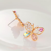 Rhinestone Earring, Tibetan Style, stainless steel post pin, Butterfly, gold color plated, with plastic pearl & with rhinestone, nickel, lead & cadmium free, 10-20mm, Sold By Pair