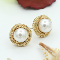 Tibetan Style Stud Earring, with ABS Plastic Pearl, stainless steel post pin, Flat Round, gold color plated, nickel, lead & cadmium free, 15mm, Sold By Pair