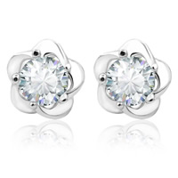 Cubic Zircon (CZ) Stud Earring Zinc Alloy stainless steel post pin Flower silver color plated with cubic zirconia nickel lead & cadmium free 8mm Sold By Pair