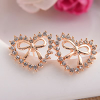 Tibetan Style Stud Earring, stainless steel post pin, Heart, rose gold color plated, with rhinestone, nickel, lead & cadmium free, 17mm, Sold By Pair