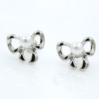 Zinc Alloy Stud Earring with ABS Plastic Pearl stainless steel post pin Bowknot platinum color plated nickel lead & cadmium free Sold By Pair