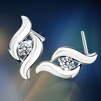 Brass Stud Earring, with plastic earnut, real silver plated, with rhinestone, 7x13mm, Sold By Pair