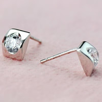 Brass Stud Earring, with plastic earnut, real silver plated, with rhinestone, 5.5x7mm, Sold By Pair