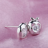 Brass Stud Earring with plastic earnut Apple real silver plated with rhinestone Sold By Pair