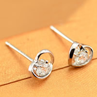Brass Stud Earring, with plastic earnut, Heart, real silver plated, with rhinestone, 8x12mm, Sold By Pair