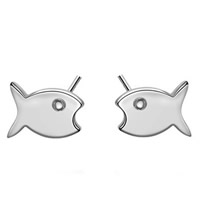 Brass Stud Earring, with plastic earnut, Fish, real silver plated, 7x7mm, Sold By Pair