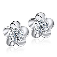 Cubic Zircon (CZ) Stud Earring, 925 Sterling Silver, Flower, platinum plated, with cubic zirconia, 6.5x6.5mm, 2Pairs/Bag, Sold By Bag