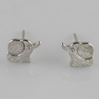 Brass Stud Earring, with plastic earnut, Elephant, real silver plated, brushed, 7.5x7mm, Sold By Pair