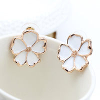 Tibetan Style Stud Earring, with plastic earnut, stainless steel post pin, Flower, rose gold color plated, enamel, nickel, lead & cadmium free, 22mm, Sold By Pair