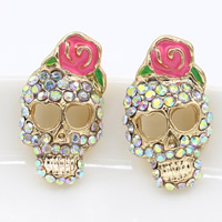 Zinc Alloy Stud Earring stainless steel post pin Skull gold color plated enamel & with rhinestone nickel lead & cadmium free Sold By Pair