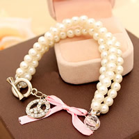 Glas Perlen-Armband, Glasperlen, mit Satinband & Zinklegierung, Frieden Logo, 3-Strang & mit Strass, 216mm, verkauft per ca. 8.5 ZollInch Strang