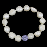 Bracelet en perles de culture d'eau douce, perle d'eau douce cultivée, avec Clay Pave & perles de rocaille en verre, Baroque, naturel, avec strass, blanc, 10-11mm, Vendu par Environ 7.5 pouce brin