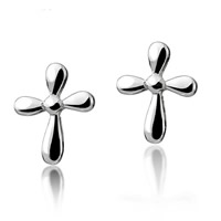 Brass Stud Earring, with plastic earnut, Cross, real silver plated, 7x7mm, Sold By Pair