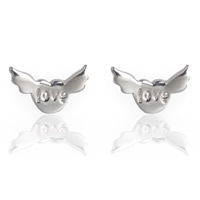 Brass Stud Earring, with plastic earnut, Winged Heart, word love, real silver plated, 8x5mm, Sold By Pair