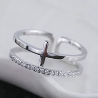 Brass Cuff Finger Ring, real silver plated, with rhinestone, 5-8mm, US Ring Size:5, Sold By PC