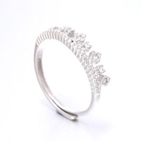 Brass Open Finger Ring, real silver plated, adjustable & with rhinestone, 10-20mm, US Ring Size:5, Sold By PC
